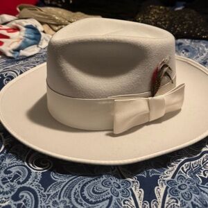 White Felt Fedora with Ribbon & Feather